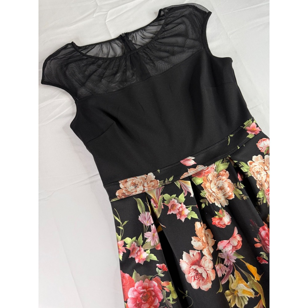 Black Floral Mesh Yoke Fit and Flare Cocktail Dress Cap Sleeve Pleated Skirt